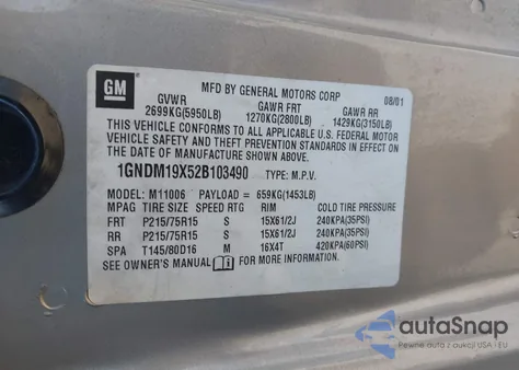 2002 Chevrolet Astro Ls z USA, uszkodzony, nr VIN 1GNDM19X52B103490